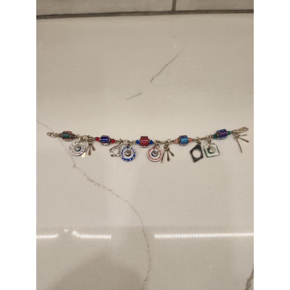 Silver Toned Chain Link Bracelet With Multi Colored Glass Beads & Charms